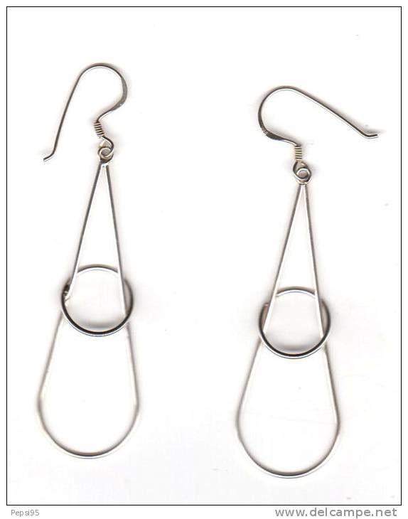 BOUCLES D'OREILLES En ARGENT Très Fines, Pendantes, Forme GOUTTE Avec ANNEAU Central - Earrings