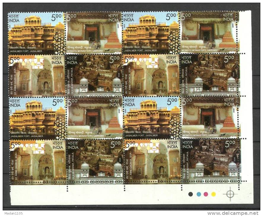 INDIA, 2009, Heritage Monuments Preservation By INTACH, Setenant Of 4,Block Of 4,  With Traffic Lights, MNH,(**) - Neufs