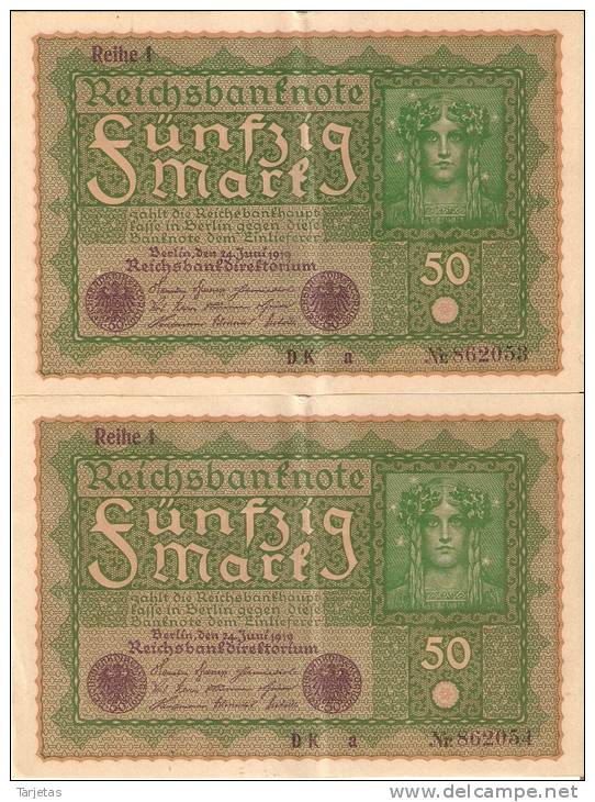 LOTE DE 2 BILLETES CORRELATIVOS  DE ALEMANIA DE 50 MARKS  DEL AÑO 1919 CALIDAD EBC+  (BANK NOTE) - 50 Mark