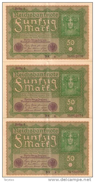 LOTE DE 3 BILLETES CORRELATIVOS  DE ALEMANIA DE 50 MARKS  DEL AÑO 1919 CALIDAD EBC+  (BANK NOTE) - 50 Mark