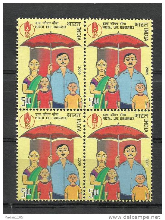 INDIA, 2009,125th Anniversary Of Postal Life Insurance, Block Of 4,  MNH,(**) - Unused Stamps