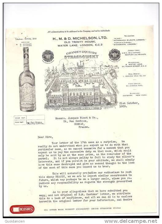 Entête 21/10/1929  -  LONDON  ( Londres )  -  H.M.& D  MICHELSON  -  Grandes  Liqueurs   STRASDOWSKY - United Kingdom