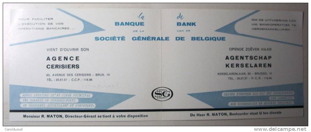 Schaerbeek Double Feuillet Ouverture Agence Banque Societe Generale Belgique Avenue Cerisiers Bruxelles +- 1950 - Bank En Verzekering