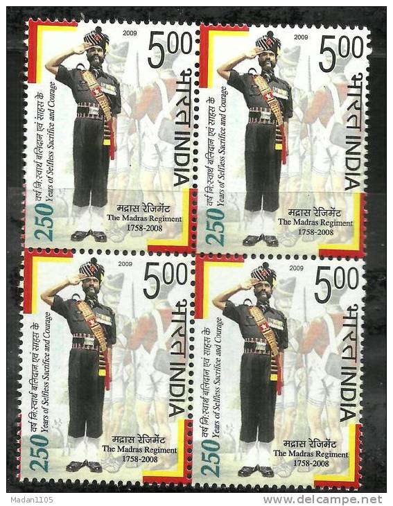 INDIA, 2009, 250 Years Of The Madras Regiment, , Block Of 4,Defence, Costume, Army, Militaria,   MNH,(**) - Neufs