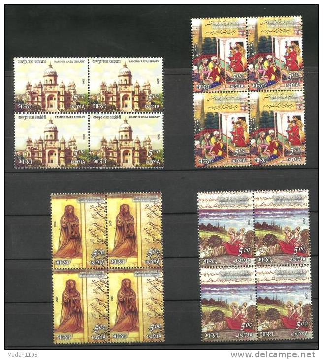 INDIA, 2009, Rampur Raza Library, Set 4 V, Blocks Of 4, Mythology, Jahangir, Akbar Sliver Coin, Manuscripts, MNH,(**) - Unused Stamps