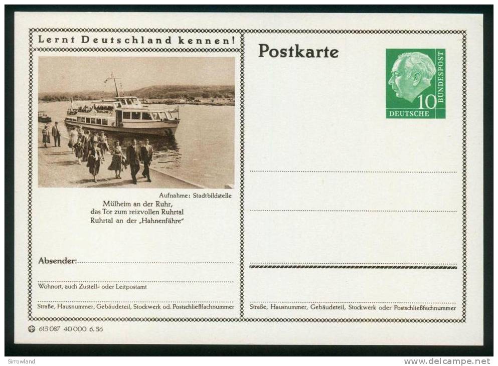 Bund BPK  1956  Mi: P 24  40-213  Mülheim An Der Ruhr - Ausflugsboot - Postales Ilustrados - Nuevos