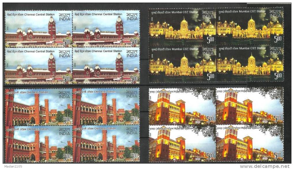 INDIA, 2009, Heritage Railway Stations Of India, Set 4 V, Block Of 4,  Heritage Buildings, Architecture, MNH,(**) - Nuevos