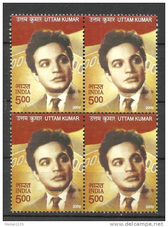 INDIA, 2009, Uttam Kumar, (Arun Kumar Chatterjee), Birthday Commemoration, Block Of 4, Actor, Music Director,  MNH,(**) - Unused Stamps