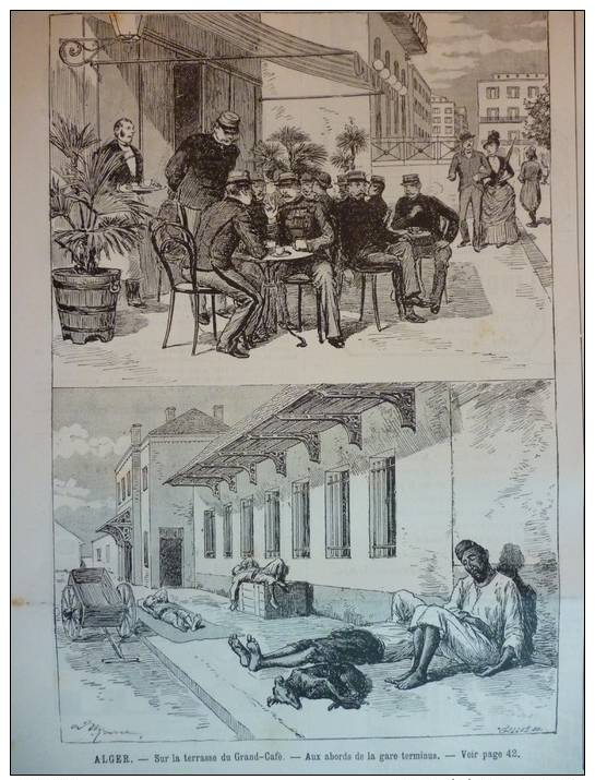 Alger , Surla Terrasse Du Grand Café , Aux Abords De La Gare Terminus, Gravure D'aprés Gillot 1889 - Documents Historiques