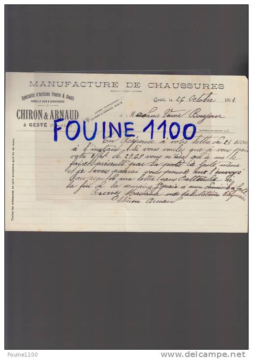 # ACHAT IMMEDIAT #  Facture  De 1914 De Manufacture De Chaussures CHIRON &amp; ARNAUD à GESTE ( 49 Maine Et Loire ) - 1900 – 1949