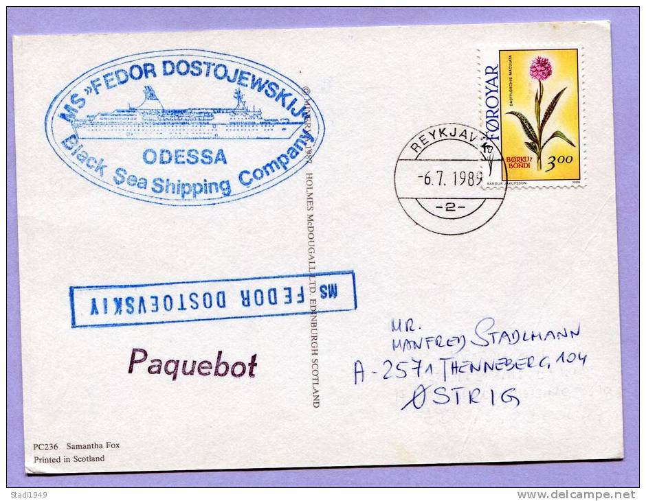 Schiffspost Färöer Reykjavik Island MS FEDOR OSTOJEWSKIJ PAQUEBOT 1989 (156) - Färöer Inseln