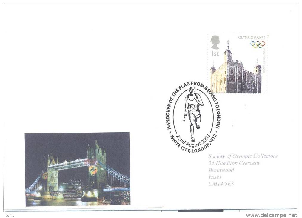 UK Olympic Games2012 London Letter; Handover Of The Flag From Beijing To London, Tower Of London Stamp Tower Bridge Labe - Summer 2012: London