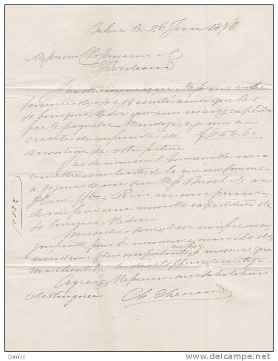 1876, PD, Lettre BAHIA Pour BORDEAUX, C. CHENAUD BAHIA, Entrée BRESIL 1 BORDEAUX, Taxe/1772. - Voorfilatelie