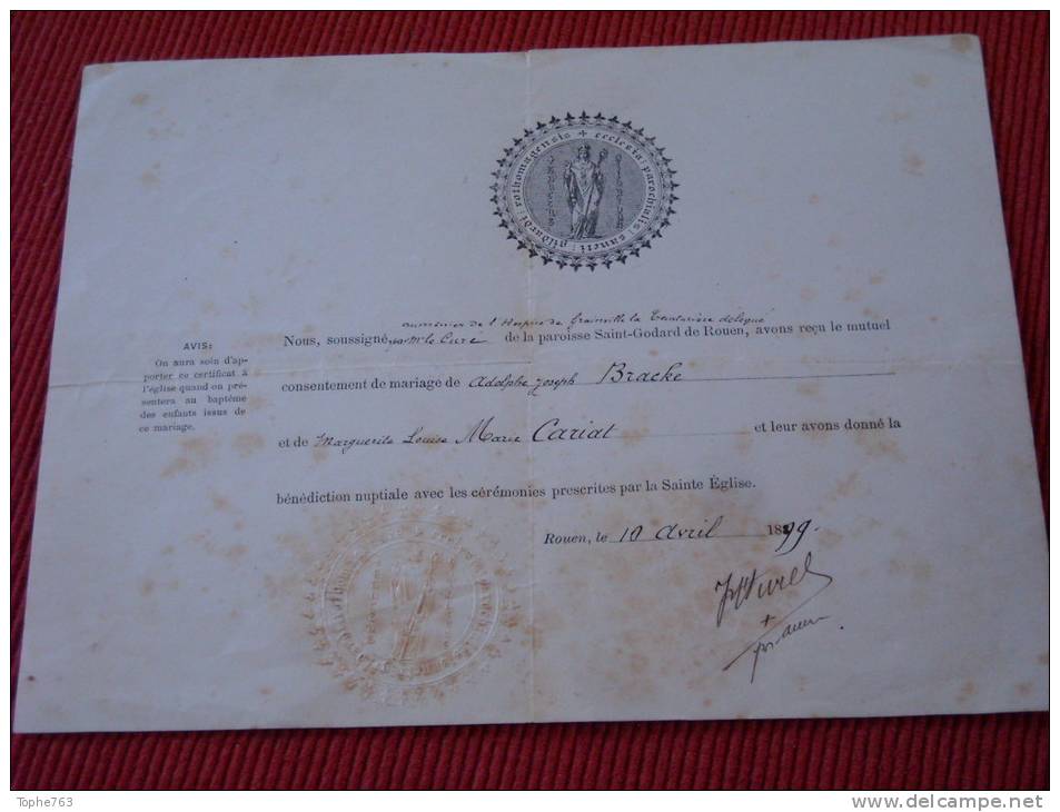 1899 : Certificat De Mariage Religieux , Paroisse Saint Godard De Rouen - Boda