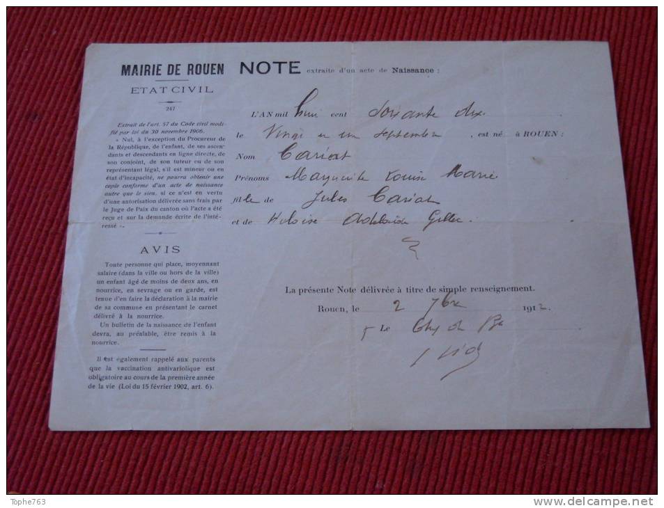 1912 : Extrait D'acte De Naissance 1870 Famille Cariat à Rouen, Mairie De Rouen - Birth & Baptism