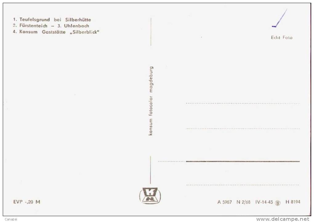 AK Silberhütte, Teufelsgrund, Fürstenteich, Uhlenbach, Gastst Silberblick, 1968 - Harzgerode