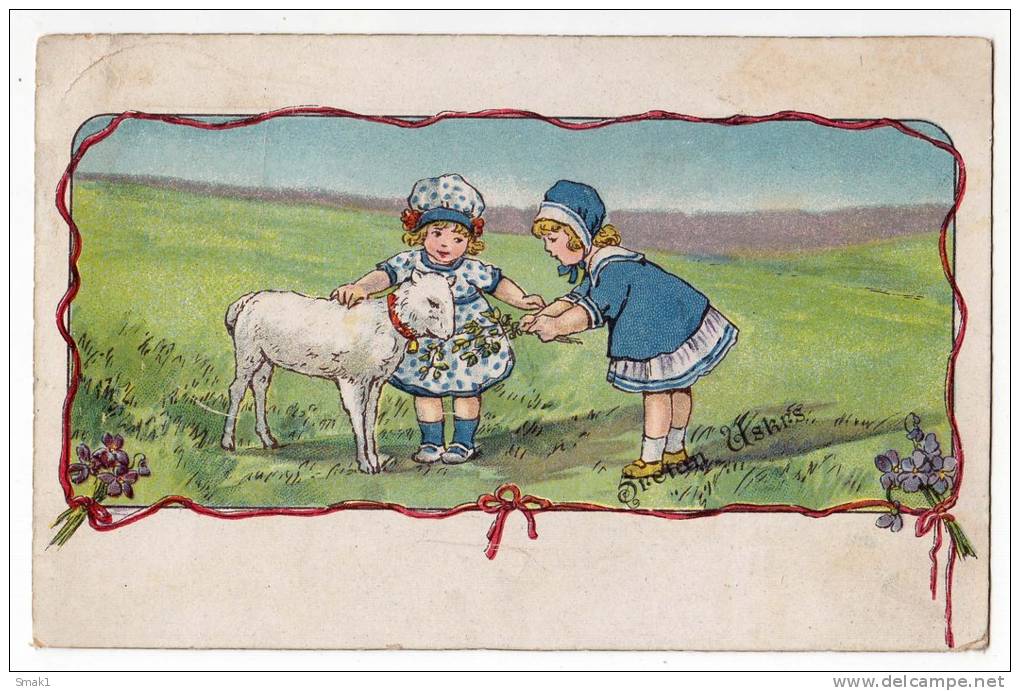 EASTER GIRLS WITH A SHEEP WSBS Nr. 1962 OLD POSTCARD - Easter