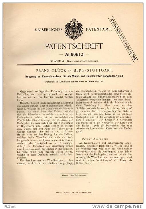 Original Patentschrift - Franz Glück In Berg - Stuttgart , 1891 , Kerzenleuchter , Wandleuchter , Kerze !!! - Leuchten & Kronleuchter