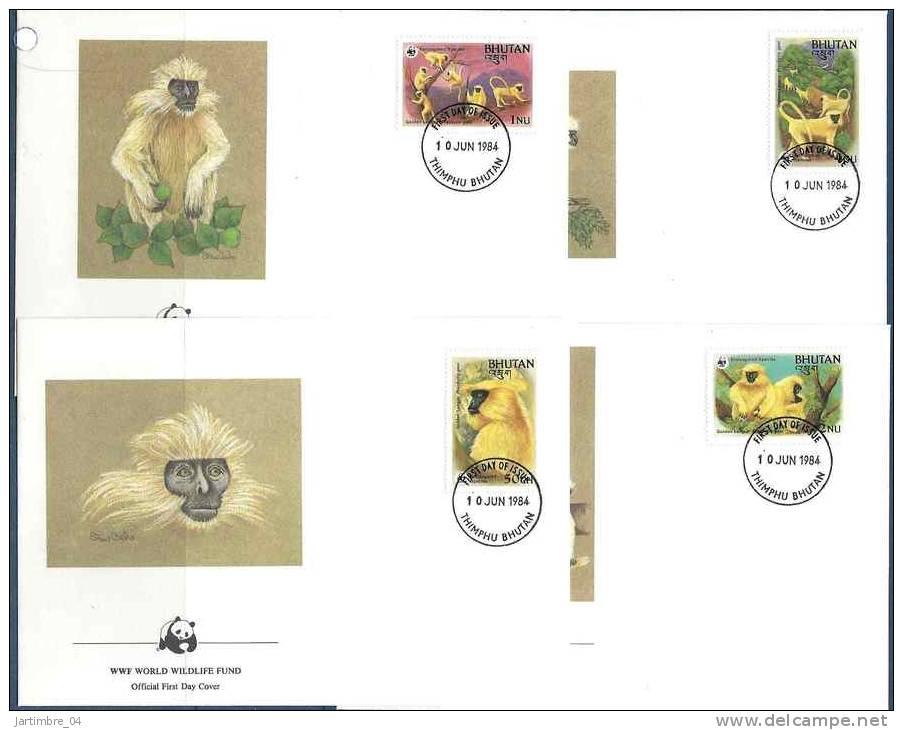 1984 BHOUTAN 621-24 WWF, Singes, FDC - Bhutan