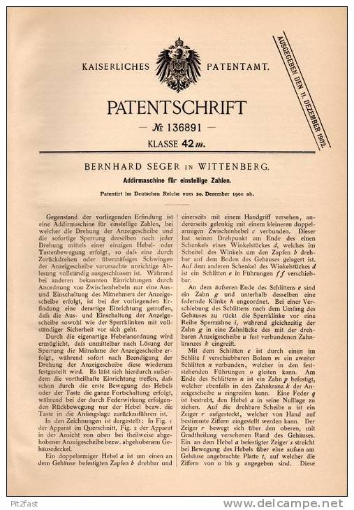 Original Patentschrift - Bernhard Seger In Wittenberg , 1900 , Addirmaschine , Rechenmaschine , Mathematik , Schule !!! - Wittenberg