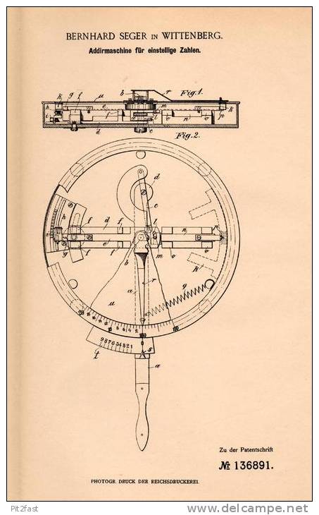 Original Patentschrift - Bernhard Seger In Wittenberg , 1900 , Addirmaschine , Rechenmaschine , Mathematik , Schule !!! - Wittenberg