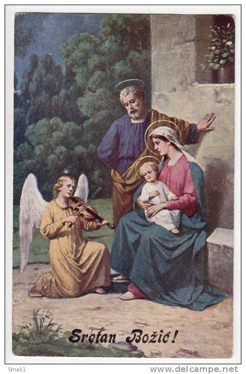 CHRISTMAS BABY JESUS AND ANGEL PLAYING MUSIC OLD POSTCARD - Other & Unclassified