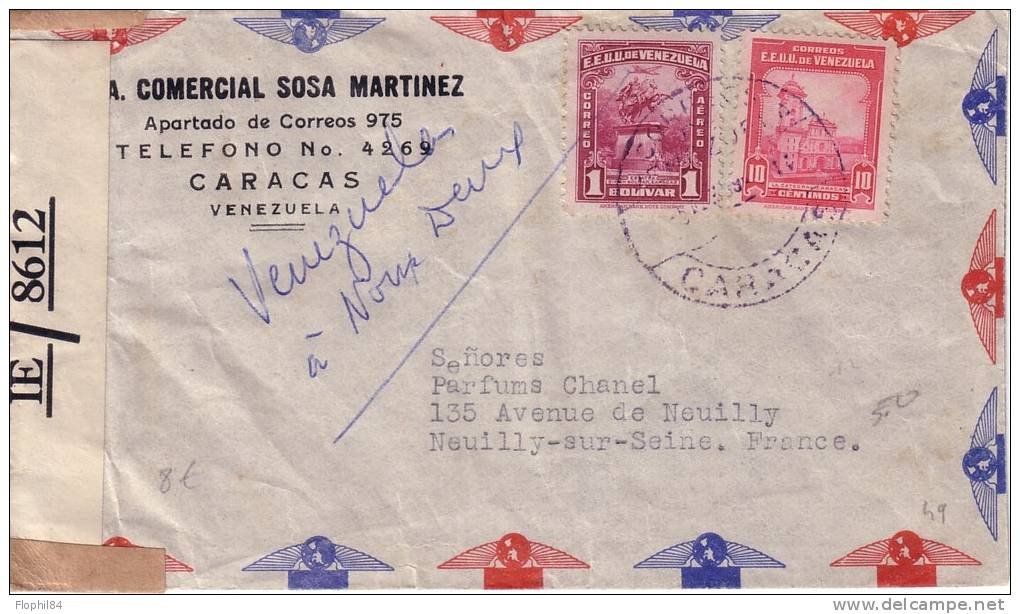 GUERRE 39-45 - VENEZUELA POUR LA FRANCE - BANDE  DE CENSURE OPENED BY EXAMINER PC90. - Venezuela