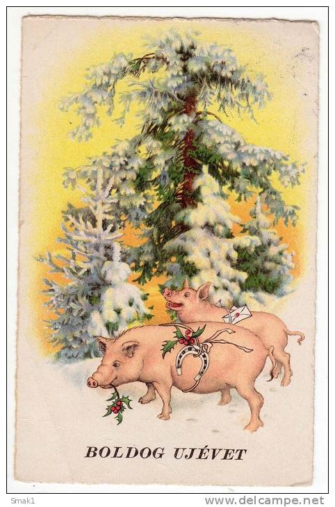 NEW YEAR PIGS WITH A HORSESHOE OLD POSTCARD 1948. - New Year