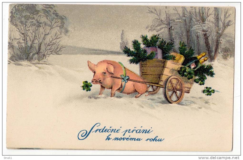 NEW YEAR PIG WITH PRESENTS HWB Nr. 2128 OLD POSTCARD 1969. - New Year