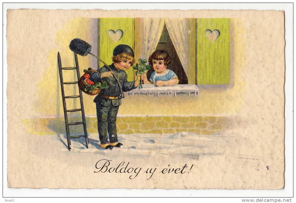 NEW YEAR CHIMNEY BOY LADDER AND A GIRL Nr. 0104  OLD POSTCARD - New Year