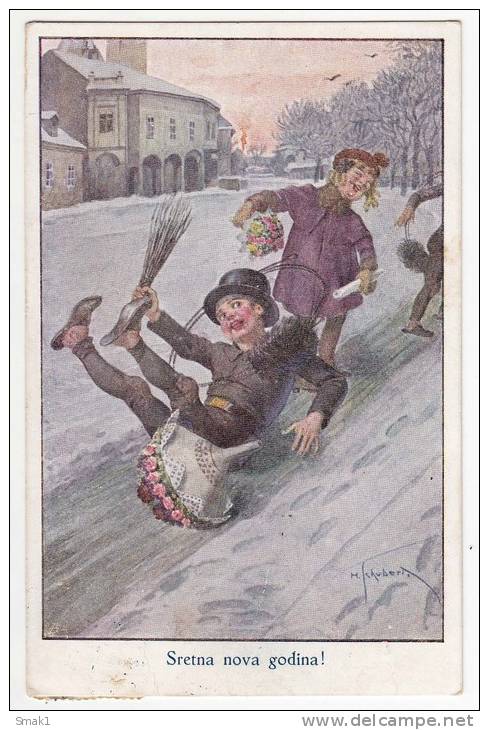 NEW YEAR H. SCHUBERT A FALL Nr. 49-54 OLD POSTCARD 1929. - New Year