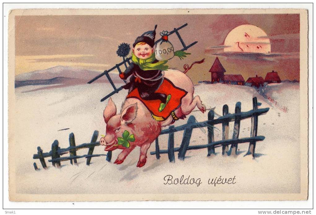 NEW YEAR CHIMNEY BOY WITH A LADDER ON A PIG Nr. 6562 OLD POSTCARD 1943. - New Year