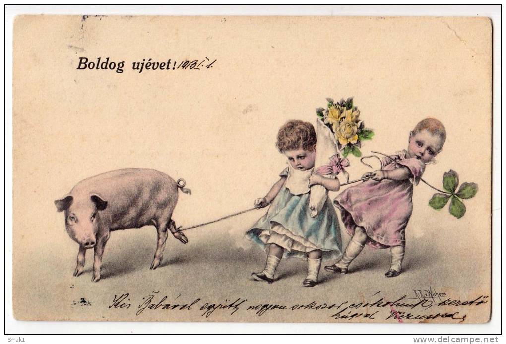 NEW YEAR PIG AND CHILDREN OLD POSTCARD - New Year