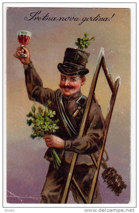 NEW YEAR CHIMNEY MAN WITH LADDER AND A DRINK EAS Nr. 7581/2 OLD POSTCARD - New Year