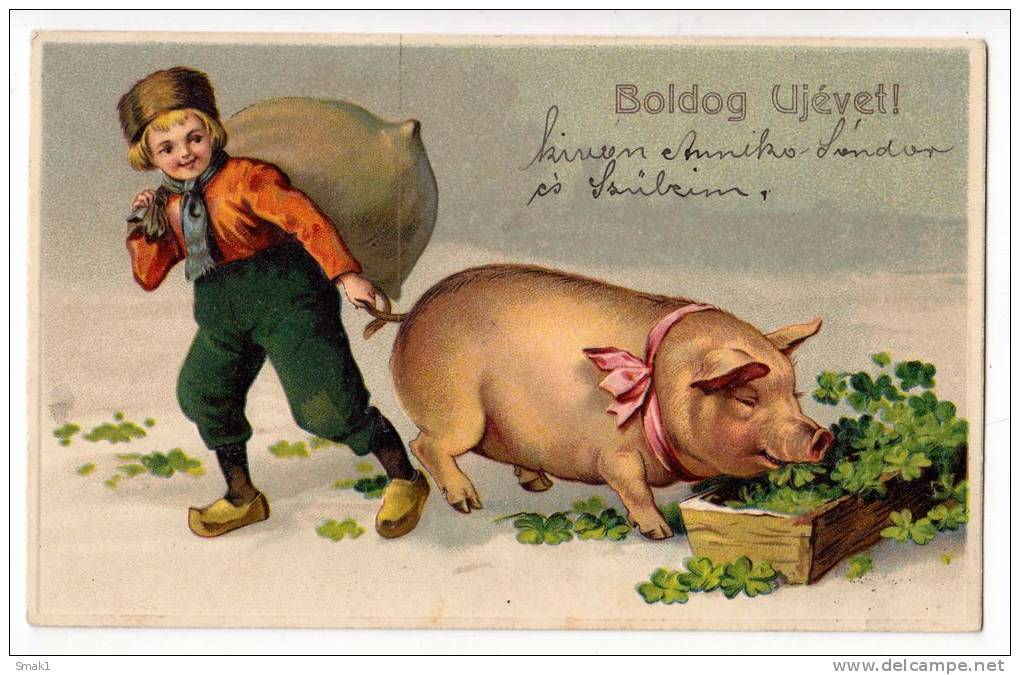 NEW YEAR BOY AND A PIG RELIEF SB Nr. 2262 OLD POSTCARD - New Year