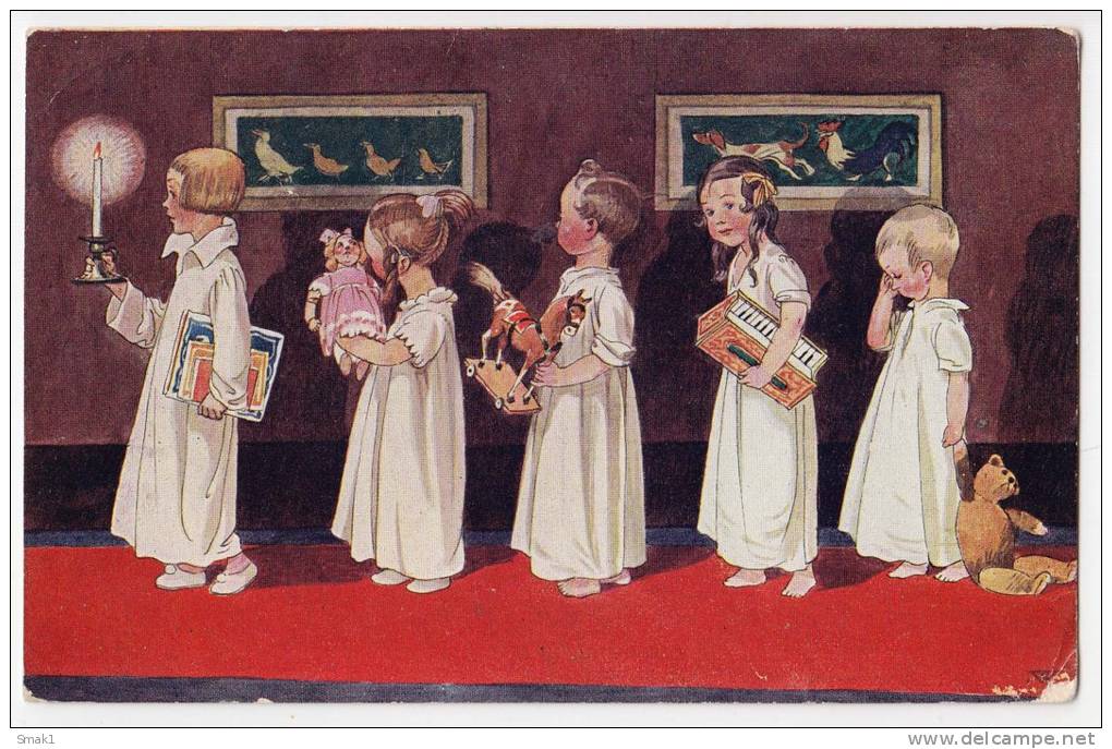 NEW YEAR LITTLE GIRLS WITH CANDLE TOYS AND A TEDDY BEAR VKVK  Nr. 357-3 OLD POSTCARD 1923. - New Year
