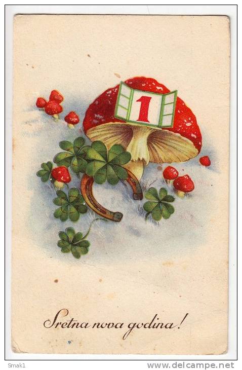 NEW YEAR MUSHROOMS AND A HORSESHOE Nr. 584 OLD POSTCARD - New Year