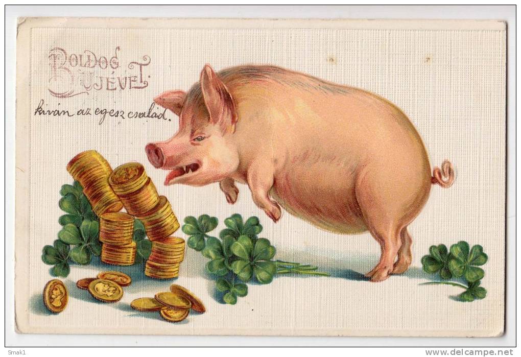 NEW YEAR PIG AND MONEY RELIEF Nr. 3315 OLD POSTCARD - New Year