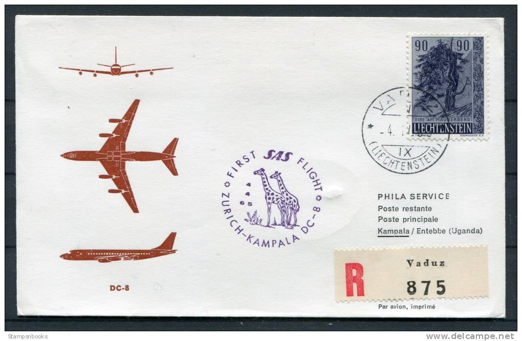 1965 Liechtenstein Zurich - Kampala Uganda SAS Registered Flight Cover - Covers & Documents