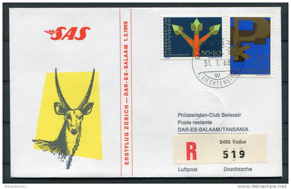 1968 Liechtenstein Zurich - Dar Es Salam Tanzania SAS Registered Flight Cover - Covers & Documents