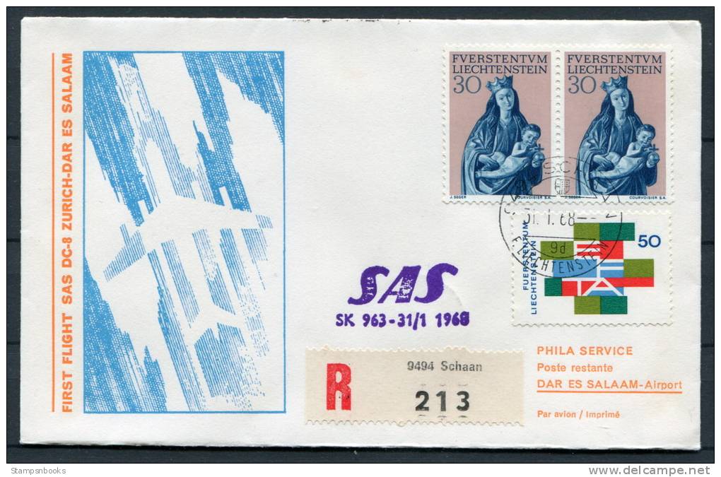 1968 Liechtenstein Zurich - Dar Es Salam Tanzania SAS Schaan Registered Flight Cover - Covers & Documents