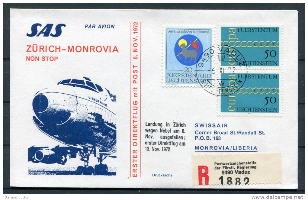 1972 Liechtenstein Zurich - Monrovia Liberia SAS Vaduz Registered Flight Cover - Covers & Documents