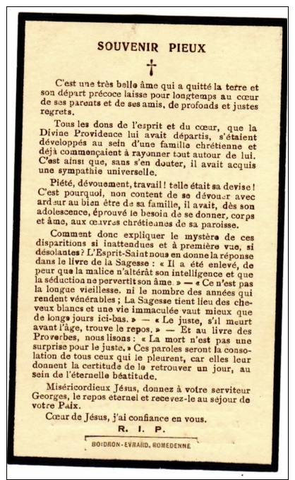 Pieux Souvenir Georges MAROTTE - Décédé Accidentellement à ROMEDENNE En 1929 à L'âge De 24 Ans - Devotion Images