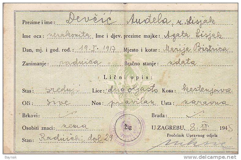 CROATIA, KROATIEN  -  ALTE DOKUMENT  -  1945  -  LEGITIMACIJA  -  IDENTITY CARD - Historische Documenten