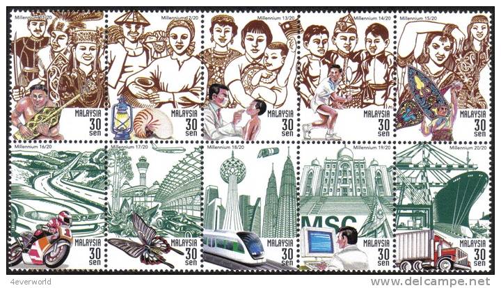 2000 Millennium II Sea Shell Butterfly Motorcycle Train Malaysia Stamp MNH - Malasia (1964-...)