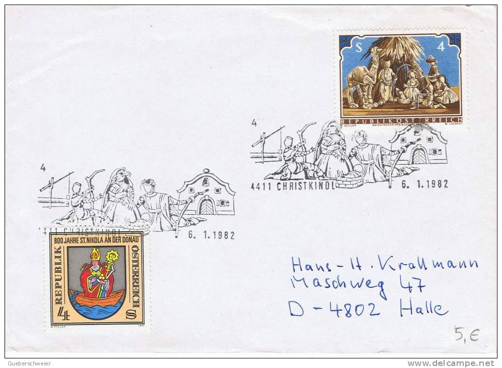 NOEL 5 - AUTRICHE Lettre Avec Timbre Et Obl. CHRISTKINDL 1982 Et Timbre + Obl. De ST.NIKOLA An Der Donau - Storia Postale