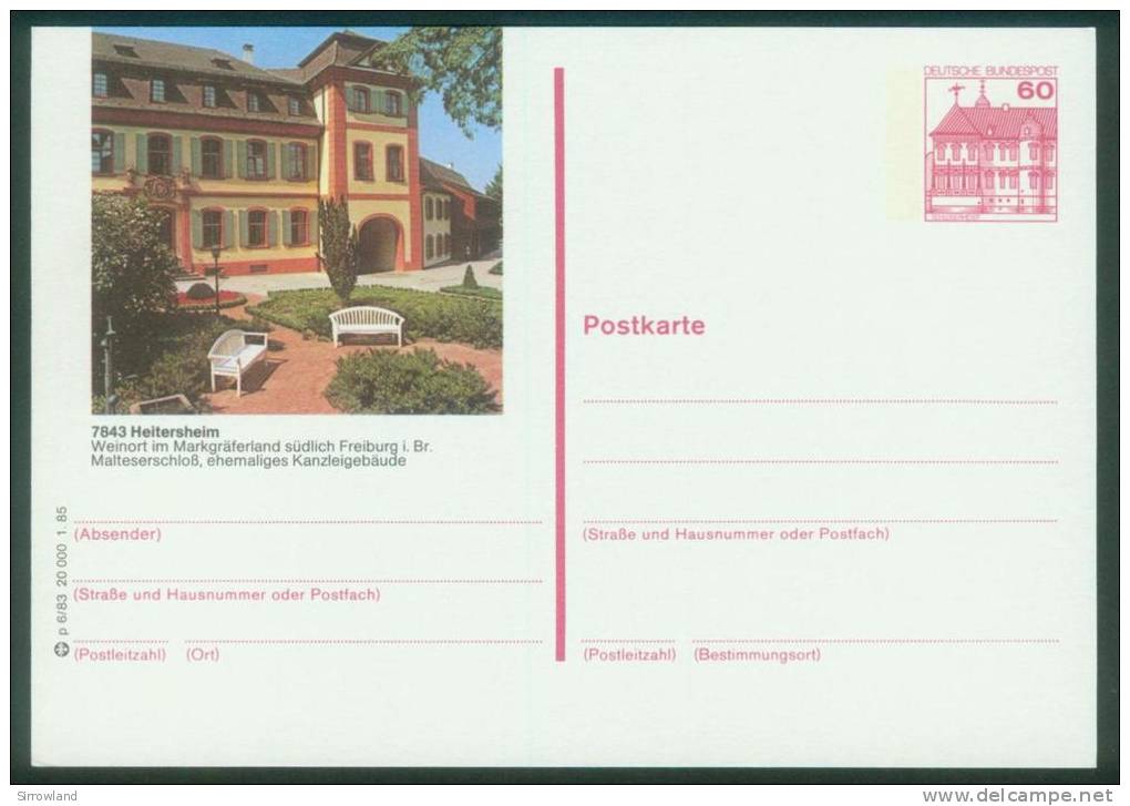 Bund BPK  1985  Mi: P 138 P6-083  Heitersheim - Malteserschloss - Postales Ilustrados - Nuevos