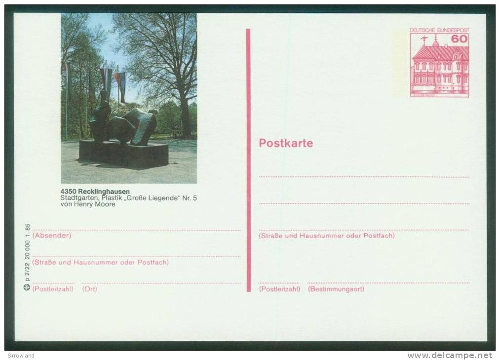 Bund BPK  1985  Mi: P 138 P2-022  Recklinghausen - Plastik "Große Liegende" - Bildpostkarten - Ungebraucht