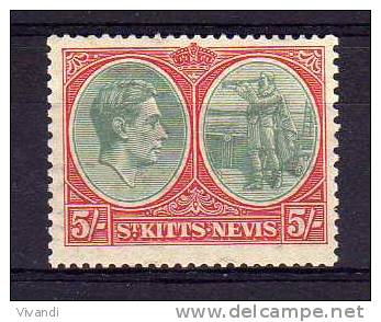 St Kitts Nevis - 1938/50 - 5/- Definitive (Ordinary Paper, Perf 13 X 12) - MH - St.Christopher, Nevis En Anguilla (...-1980)