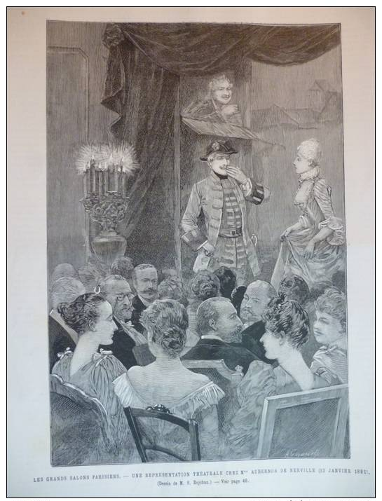 Grands Salons Parisiens, Réprésentation Chez  Aubernon De Nerville13 Janv 1889  , Gravure Gusman , Dessin  Rejchan 1889 - Documents Historiques